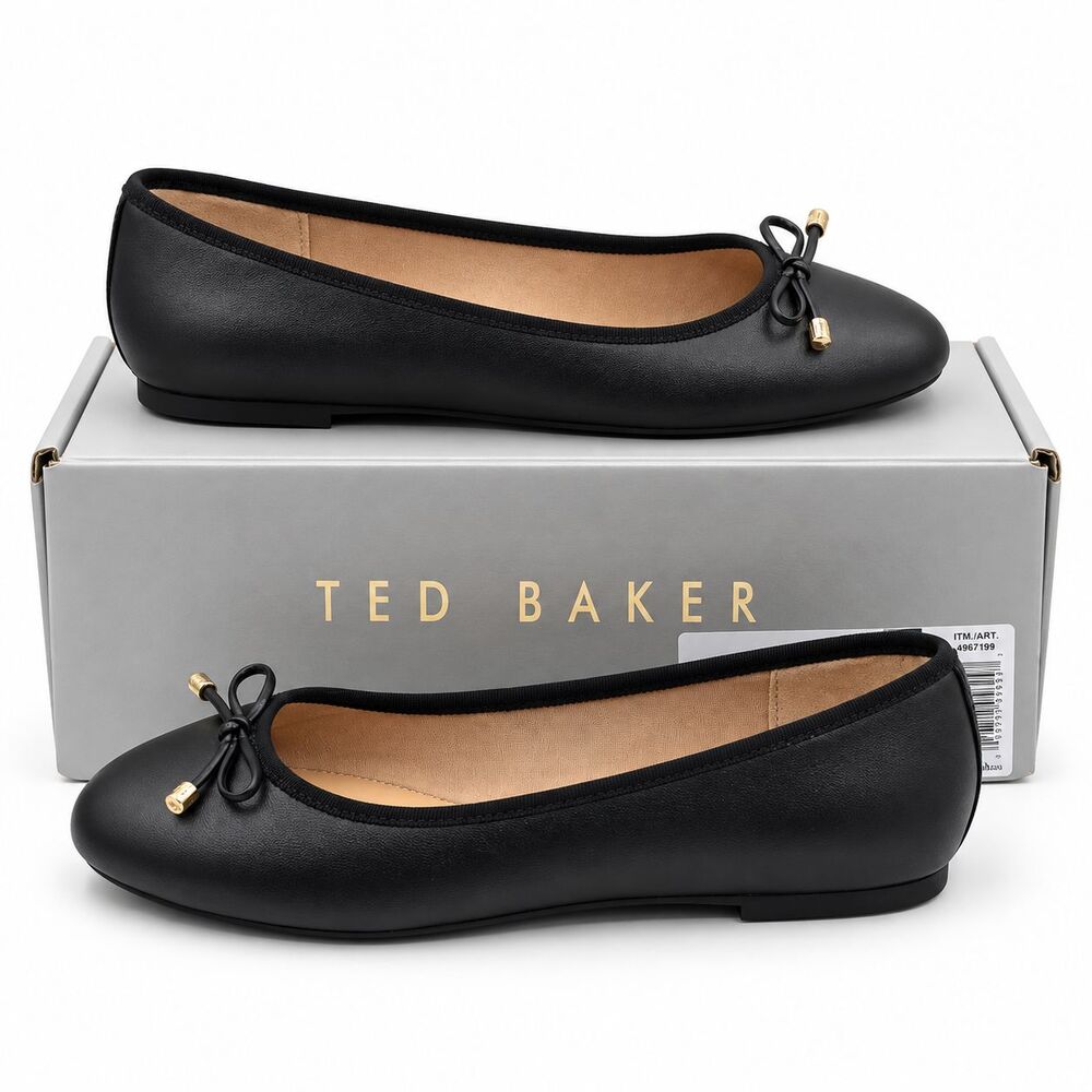 Ted Baker Womens Black Leather Ballet Flats Bow Almond Toe Slip On Pick Size